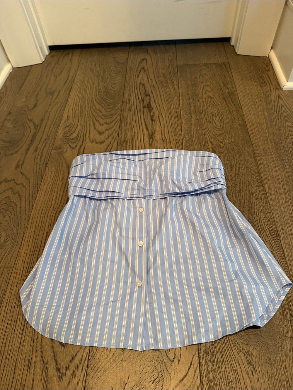 Zara Light Blue and White Strapless Button-Front Blouse